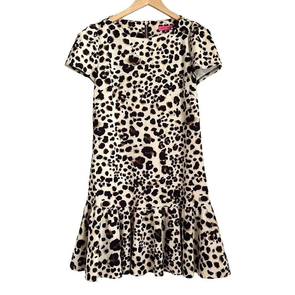 Betsey Johnson 8 Leopard Print Dress Heart Zipper Fit Flare A Line Short Sleeve